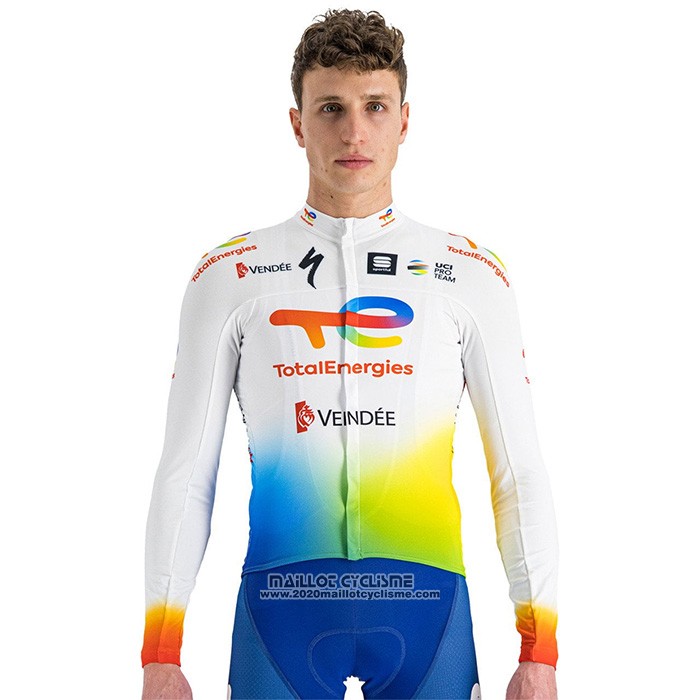2022 Maillot Cyclisme Direct Energie Blanc Jaune Bleu Manches Longues et Cuissard